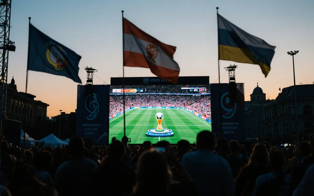 美国主办城市夜间球迷广场，大屏幕转播与人群剪影，电影感